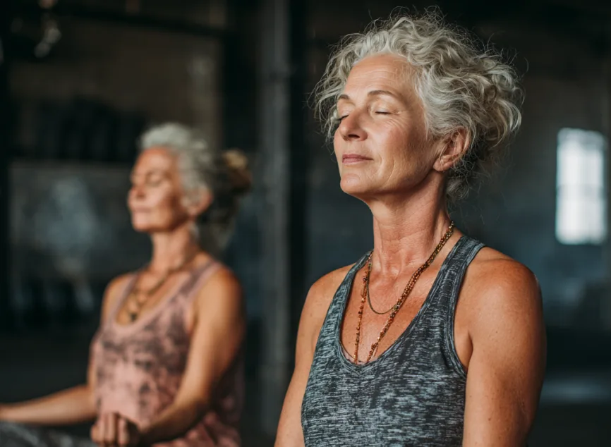 Възрастна жена прави йога