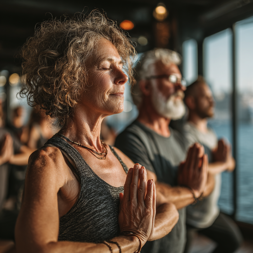 Група възрастни хора правят йога