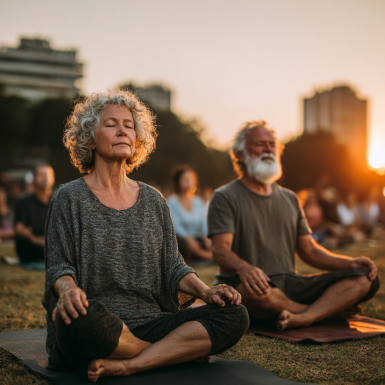 Група възрастни хора правят йога